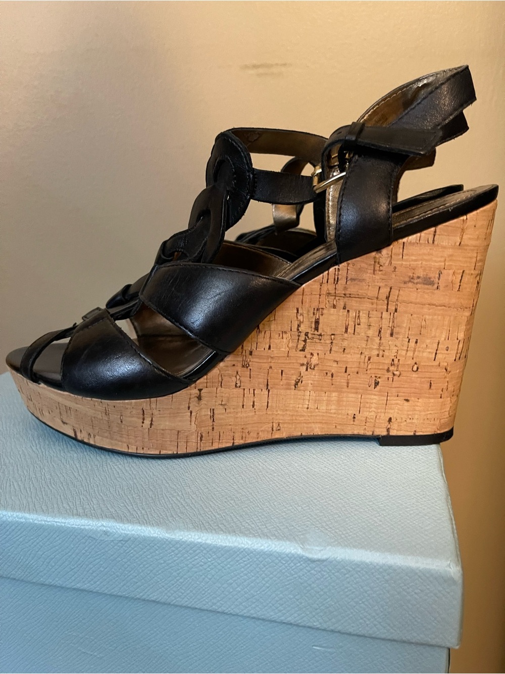 Tahari Black Strappy Leather Wedge Sandals with Cork Platform